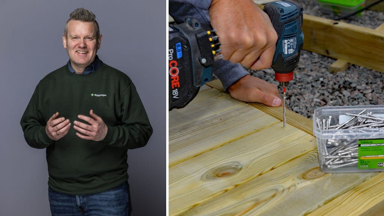 Byggtorget-ansatt og drill som brukes for å bygge platting.