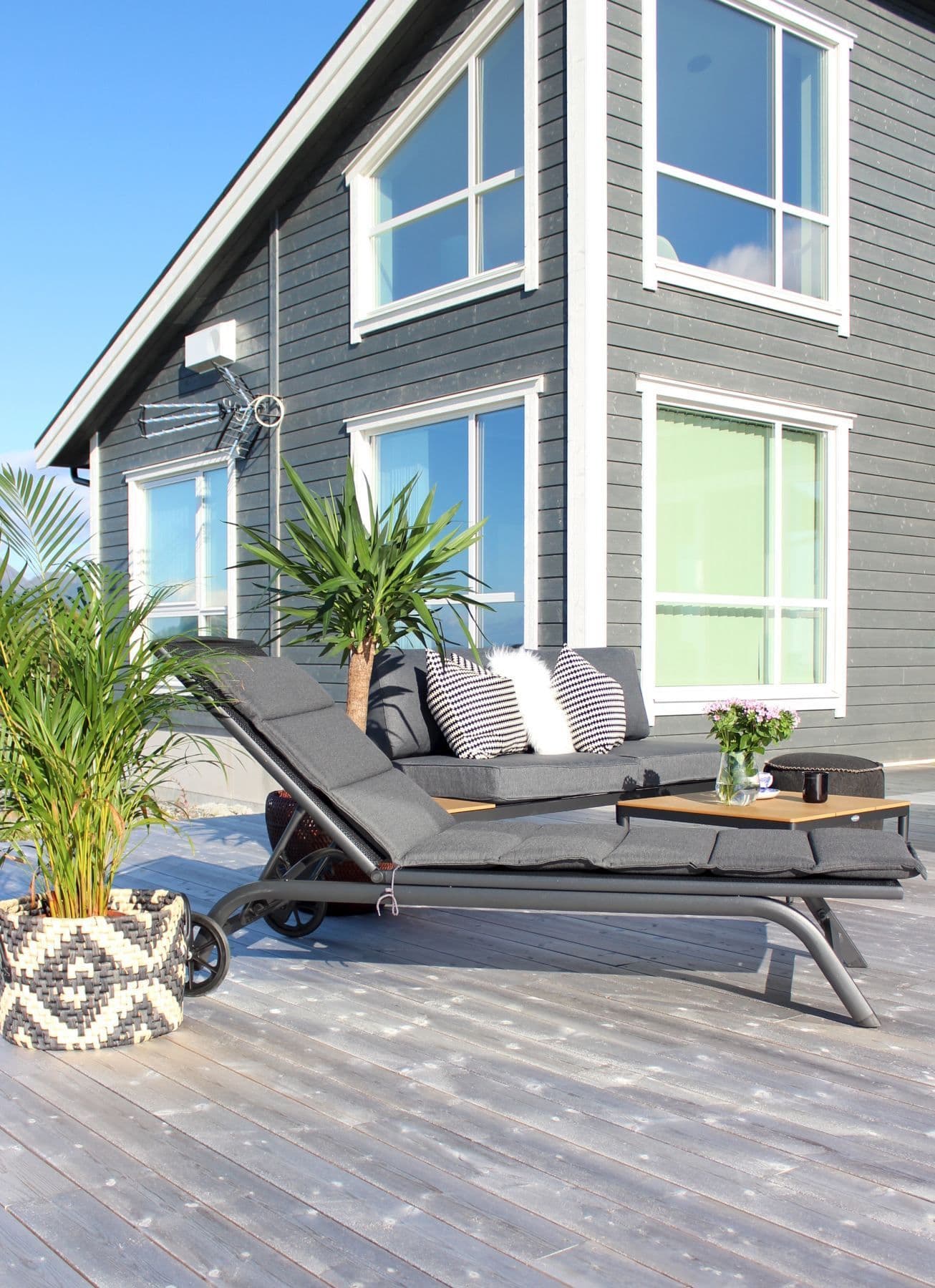 hus behandlet med tjærebeis. Palmer og solsenger i forkant