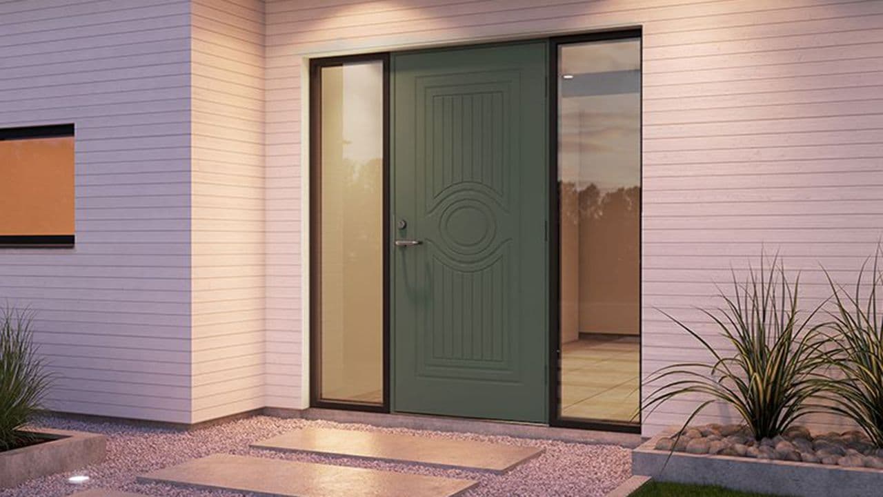 Grønn ytterdør med sidefelt i glass på begge sider for ytterdør inspirasjon.